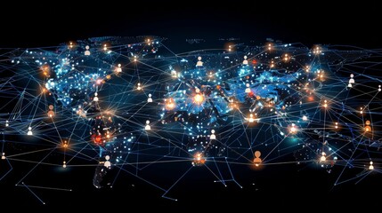 World map with global connection technology represented by glowing lines and icons of people, illustrating a network of communication and data exchange across continents. Generative AI.
