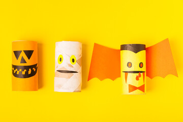 Toilet paper crafts on a colored background. Kids crafts made with toilet paper roll. DIY....