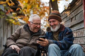 Fototapeta premium Laughing senior man in wheelchair and his adult