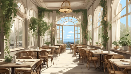 A soothing illustration of an indoor cafe with large windows offering a view of the ocean and a tranquil atmosphere