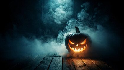 A spooky and atmospheric featuring a carved pumpkin with a sinister smile, glowing from within, placed on a misty, dark background