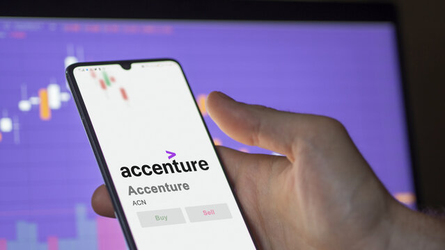 April 09th 2024 , Dublin, Ireland. Close up on logo of Accenture on the screen of an exchange. Accenture price stocks, $ACN on a device.