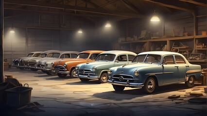 Obraz premium An array of classic cars neatly parked in a garage with a vintage vibe