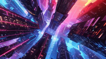 Bustling cityscape with glowing skyscrapers backdrop