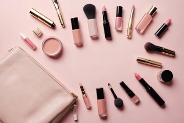 Cosmetic products flowing from Makeup bag on pastel pink background.  Flat lay, top view. Fashion concept
