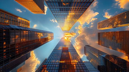 Business office buildings converge and Reflective skyscrapers, embodying the spirit of innovation and corporate excellence.