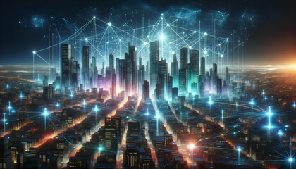 Vibrant digital artwork of a modern city with glowing lights and futuristic network connections illuminating the dusk skyline.