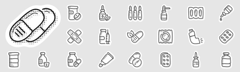 Pharmacy hand drawn retro pop art syle icon set. Pill, drug, medical, capsule, syringe, syrup, bottle etc.