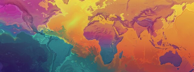 A colorful world map with the continents of Africa, Asia, and South America