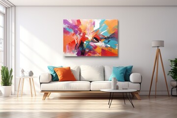 A large, abstract painting with bright colors. The painting is full of energy and movement, and it would be a great addition to any home or office.