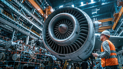 A technician inspects a massive jet engine in a high-tech aerospace manufacturing facility.