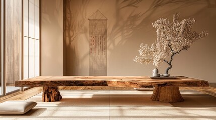 Tranquil Japanese Inspired Wooden Table in Natural Lighting Exuding Harmony and Balance