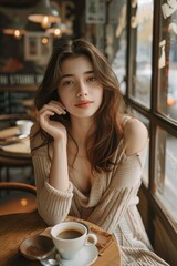 An Adorable Brunette Girl Sitting at the Table Drinking Coffee
