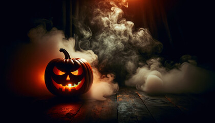 An atmospheric image featuring a carved pumpkin with a glowing face on a foggy, dark background
