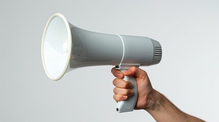 Hand holding a white megaphone against a clean background symbolizing communication, announcement, and advocacy in a modern context. Generative Ai