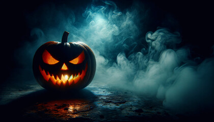 An eerie and atmospheric featuring a carved pumpkin with a menacing face, illuminated from within