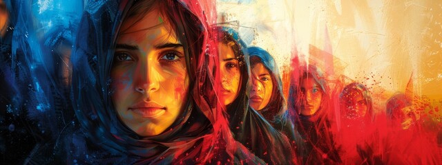 A painting of three people, two men and a woman, standing together