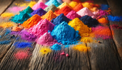 Colored powder piles arranged on a wooden surface. The piles include various colors such as blue, pink, orange, and yellow