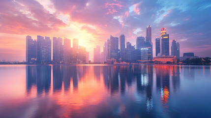 Obraz premium Modern skyline with reflective skyscrapers captures the essence of corporate ambition, a testament to urban innovation and progress.