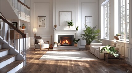 Fototapeta premium A photorealistic interior design of a modern living room with a staircase, white walls and a wooden floor, creating a cozy atmosphere,Generative AI illustration.