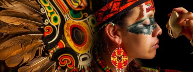 Fototapeta premium A woman wearing a headdress with feathers and a colorful background
