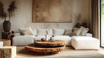 Fototapeta premium A simple but elegant living room with a large wooden coffee table and a white sofa in front. empty picture frame,Generative AI illustration.
