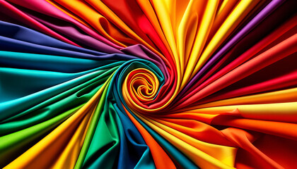 Colorful fabric folds. The fabrics are in various shades, including red, orange, yellow, green, blue, and purple