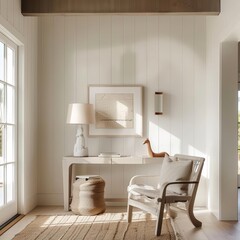 A frame mockup sits prominently in a coastal style home, its subtle details enhancing the light and airy feel that evokes a permanent state of vacation