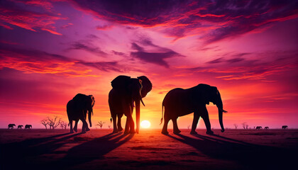 Elephants silhouetted against a vivid sunset
