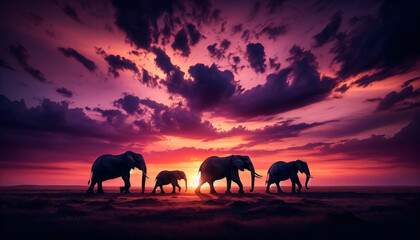 Elephants walking in a line, silhouetted against a dramatic sunset sky