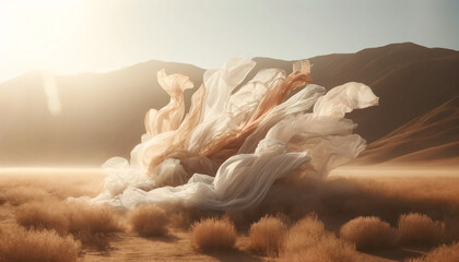 Flowing fabrics in a desert setting, capture multiple layers of delicate, translucent fabrics in motion