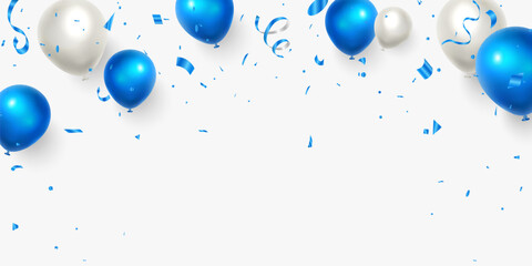 Blue balloons with sparkles and flying confetti isolated on transparent background