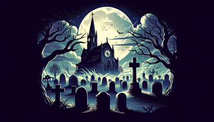 Halloween-themed, a haunted graveyard scene under a moonlit sky, an old, eerie church with a tall spire