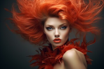 Fototapeta premium Stunning portrait of a woman with vibrant red hair in the wind and a red feather boa