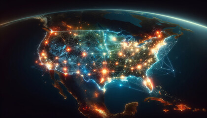 The United States map, depicted as a glowing network on a dark background, with bright lines