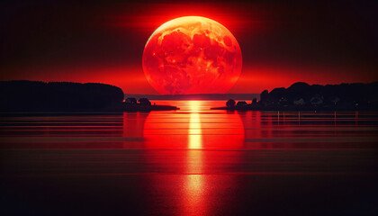 Vivid sunset over a tranquil lake. The sun depicted as a huge, fiery orb, casting a deep red
