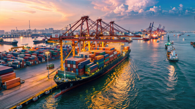Large cargo ships and cranes in a busy seaport
