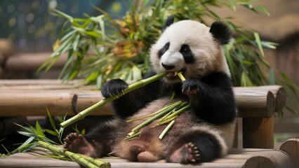 Obraz premium Cute panda is eating bamboo