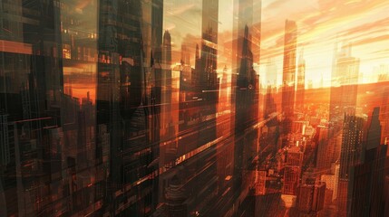 Abstract city skyline in sunset hues backdrop