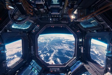 Hovering in a space station orbiting Earth, a digital frame mockup cycles through images of the planet below, blending art with astronomy in a zerogravity environment