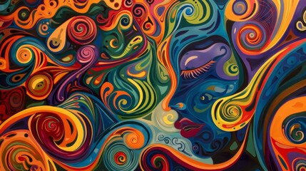 Swirling patterns and vibrant colors depict human form backdrop