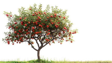 Apple tree plant branches with ripe red apple fruits hanging and green leaves, organic fresh food garden growing agriculture, isolated on transparent background