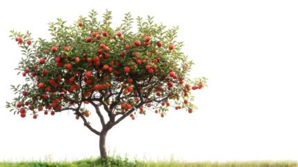 Apple tree plant branches with ripe red apple fruits hanging and green leaves, organic fresh food garden growing agriculture, isolated on transparent background