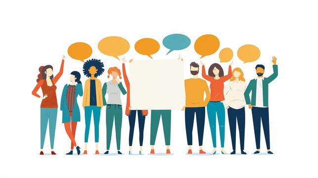 People protest or campaign with a blank speech bubble, illustrating freedom of speech.