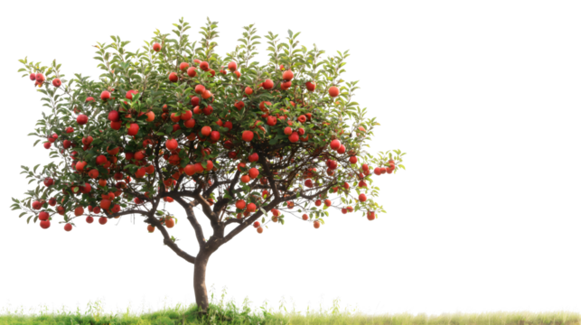 Apple tree plant branches with ripe red apple fruits hanging and green leaves, organic fresh food garden growing agriculture, isolated on transparent background