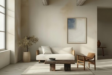 In the heart of a minimalist living room, a frame mockup stands as a testament to modern design, echoing the ethos of less is more with every detail