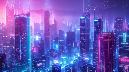 Futuristic city skyline with sleek skyscrapers and pulsating neon lights backdrop