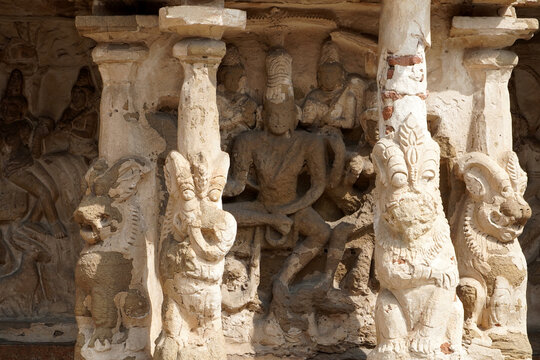 Ancient Hindu temple. Historic Shiva Temple carved with Sandstone sculptures of God and animals.