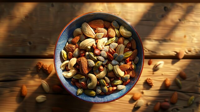 Bowl of mixed nuts and seeds, top view, diffused lighting