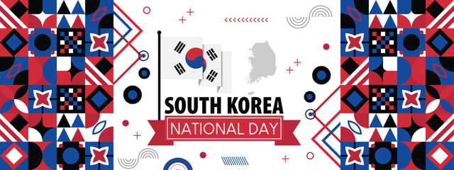 Obraz premium South Korea flag independence day geometric Country web banner. corporate abstract background design with flag map theme